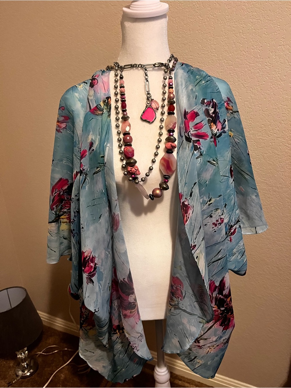 Light Blue Floral Kimono Cover-Up with Pink Accents